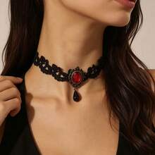 Dark Style Hollow Lace Choker Necklace With Vintage Bronze Frame, Red Rhinestone Teardrop And Black Pendant - Multicolor - View 13