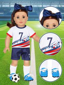 5pcs 16-18in Children Doll Clothes, Soccer Theme Doll Outfit Set, Star Stripe Print Short Sleeve Jersey + Navy Blue Shorts, Matching White Socks, Navy Blue Bow Tie, Mini Soccer Toy, Breathable Sports Style Doll Clothes, Children Role Play Dress Up Gift, Gift For Kids, Doll Not Included - Multicolor - View 4