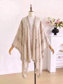 1件優雅花卉刺繡開襟女款和服披肩，沙龍裙，春夏波希米亞風外套，海灘度假防曬，裝飾刺繡開襟衫，適合日常穿著，禮品首選 - 米色 - 查看 2