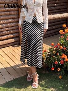 Women Elegant Summer Striped Split Midi Skirt, Holiday Festival Outfit, Versatile Skirt Suitable For Autumn And Winter - Black and White - View 7