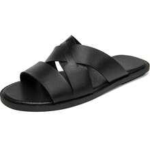 Sandalias de moda de verano para hombre con tiras cruzadas, suela plana antideslizante para exteriores y playa, zapatos casuales versátiles negros sin cordones - Negro - Ver 5