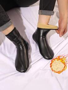 1 Pair Of Unisex Winter Thick Warm Waterproof And Cold-Proof Indoor Non-Slip Floor Shoes And Socks With Warm Lining And Leather. - Black - View 1