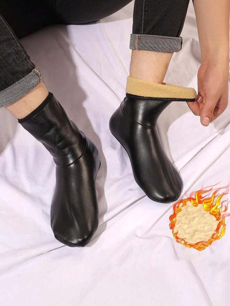 1 Pair Of Unisex Winter Thick Warm Waterproof And Cold-Proof Indoor Non-Slip Floor Shoes And Socks With Warm Lining And Leather. - Black - View 1