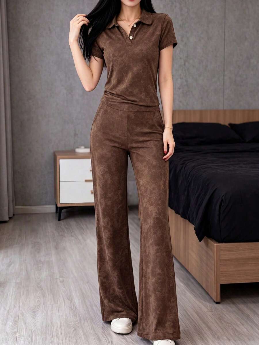 Autumn/Winter Casual Loungewear Set: Polo Collar Short Sleeve Top With Straight Leg Distressed Loose Pants - Coffee Brown - View 1