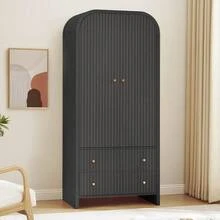 Arched Armoire Wardrobe Closet, Mid Century Modern 2 Door Freestanding Wardrobe Armoire, Fluted Carved Clothing Storage Cabinet Organizer Holder Unit For Bedroom Entryway, Natural Wood - Black - View 2