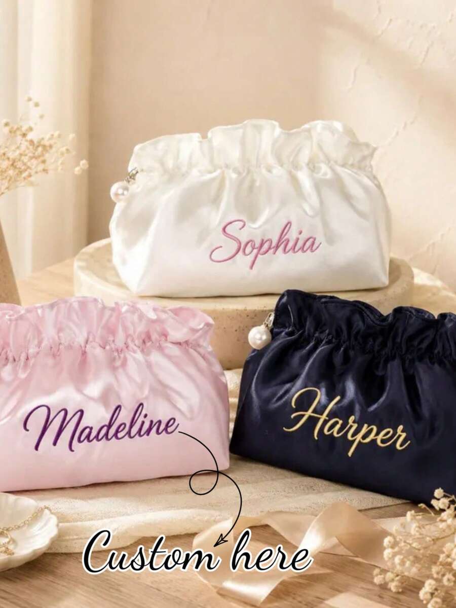 1pc Personalized Embroidered Ruffle Cloud Makeup Bag, Customized Bridesmaid Toiletry Bag, Travel Toiletry Bag, Bridesmaid Gift - Multicolor - View 1