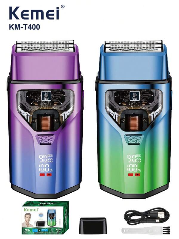 Kemei KM-T400 Electric Shaver For Men, Beard Trimmer, Cordless Shaver, Floating Dual Blades, Wet & Dry Use, Powerful Motor, LED Display, USB Charging, Electric Reciprocating Shaver