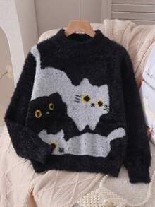 Sweater Rajut Pullover Bulu Imitasi Motif Kucing Lucu untuk Anak Perempuan, Cocok untuk Pakaian Kasual Sehari-hari di Musim Semi, Gugur, dan Dingin. - Hitam - View 4