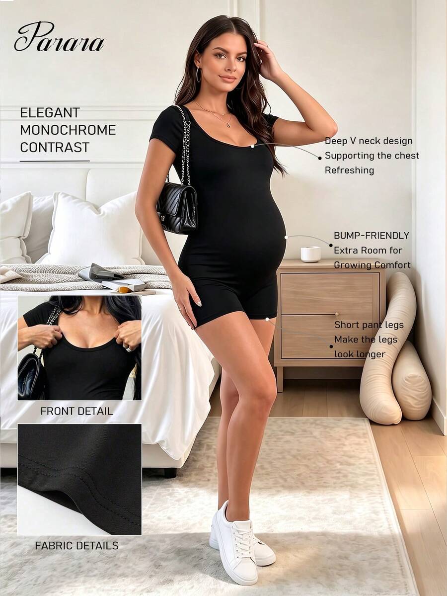 Maternity Solid Color Round Neck Short Sleeve Casual Romper, Comfortable And Simple Design Black Summer - Black - View 1