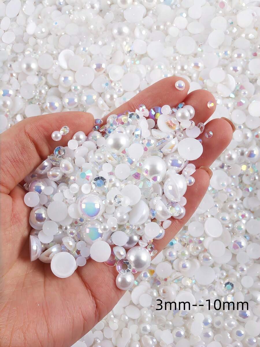3-10mm 混色珍珠樹脂水鑽,平底珍珠水鑽,適用於手機殼、DIY珠寶、手工配件、衣飾裝飾及其他手工藝品;可裝飾化妝鏡、水杯、手機殼、手工飾品、鞋子等物品 - 白色 - 查看 1