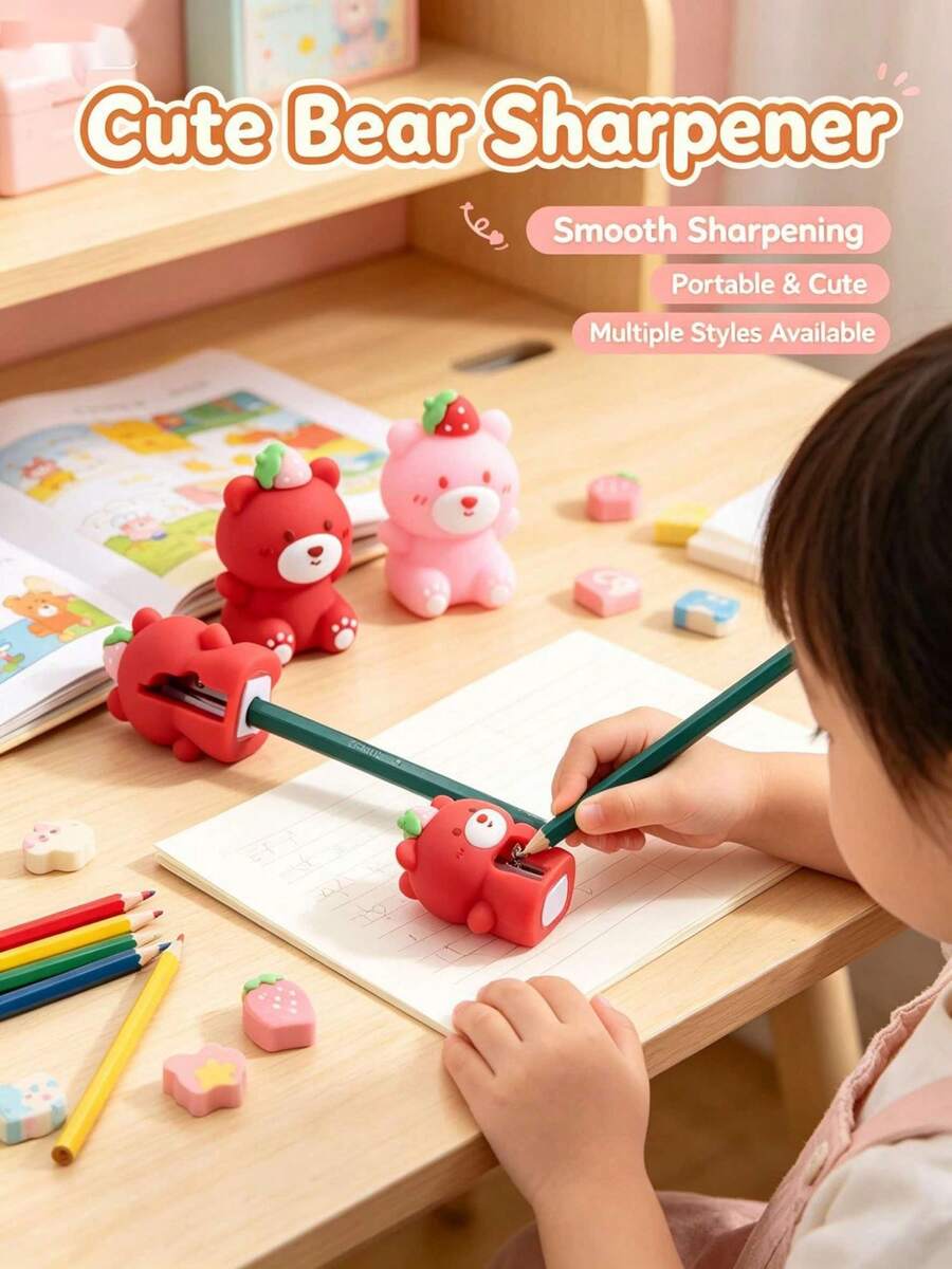 1pc Random Color Cartoon Pencil Sharpener, PVC Soft Rubber Cute Bear Pencil Sharpener, Children Elementary Students Stationery, School Supplies, Halloween Christmas Gift - Multicolor - View 1