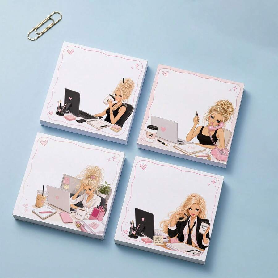 1/4pcs Fashion Blonde Office Girl Sticky Notes,Cute Business Lady Cartoon Decorative Note Paper Set, Perfect For Daily Message Taking, Planner, Junk Journal, Office Desk & School DIY Handcraft Supplies - one-size - View 1