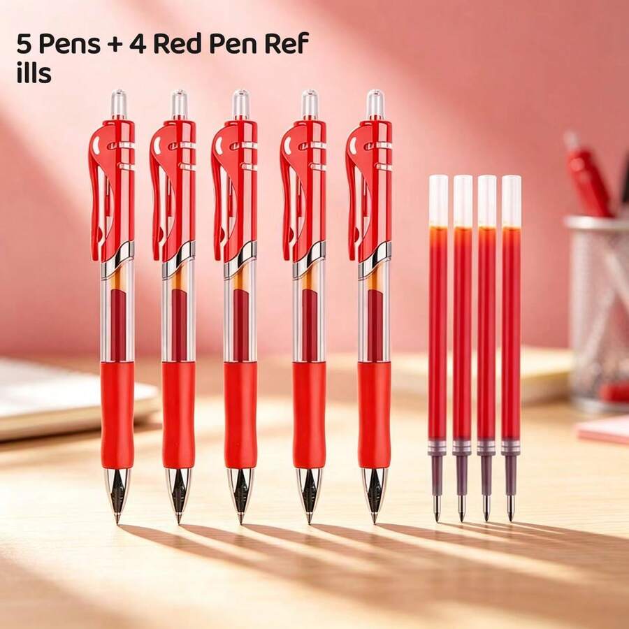 Set 9 buah berisi 5 pulpen gel merah yang dapat ditarik + 4 isi ulang merah, ujung peluru 0,5 mm, pulpen tanda tangan dengan tulisan halus, tahan aus, kapasitas besar, berbahan dasar air, alat tulis kantor dan pelajar. - 5 pulpen tombol tekan merah + 4 isi ulang pulpen - View 1