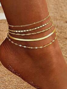 5pcs/Set Gold Multilayer Bohemian Style Snake Chain & Lotus Chain Anklet Bracelet Set, Adjustable Summer Beach Jewelry - Gold - View 2