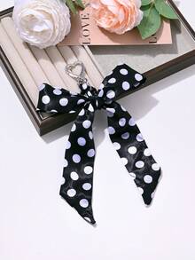 1pc Elegant Faux Pearl Polka Dot Print Ribbon Bow Keychain, Bag Accessory, Car Key Pendant, Party Gift, Daily Accessory - Multicolor - View 7