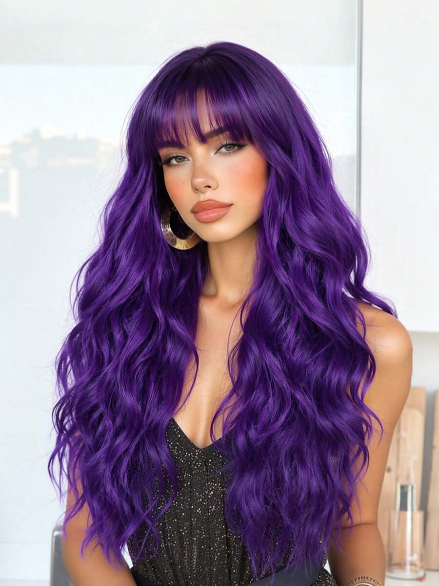 Purple Wig With Bangs Long Purple Wavy Wigs For Women 26 Inch Dark Purple Wigs Natural Looking Heat Resistant Synthetic Wig For Daily Party Halloween Use - Purple - View 1