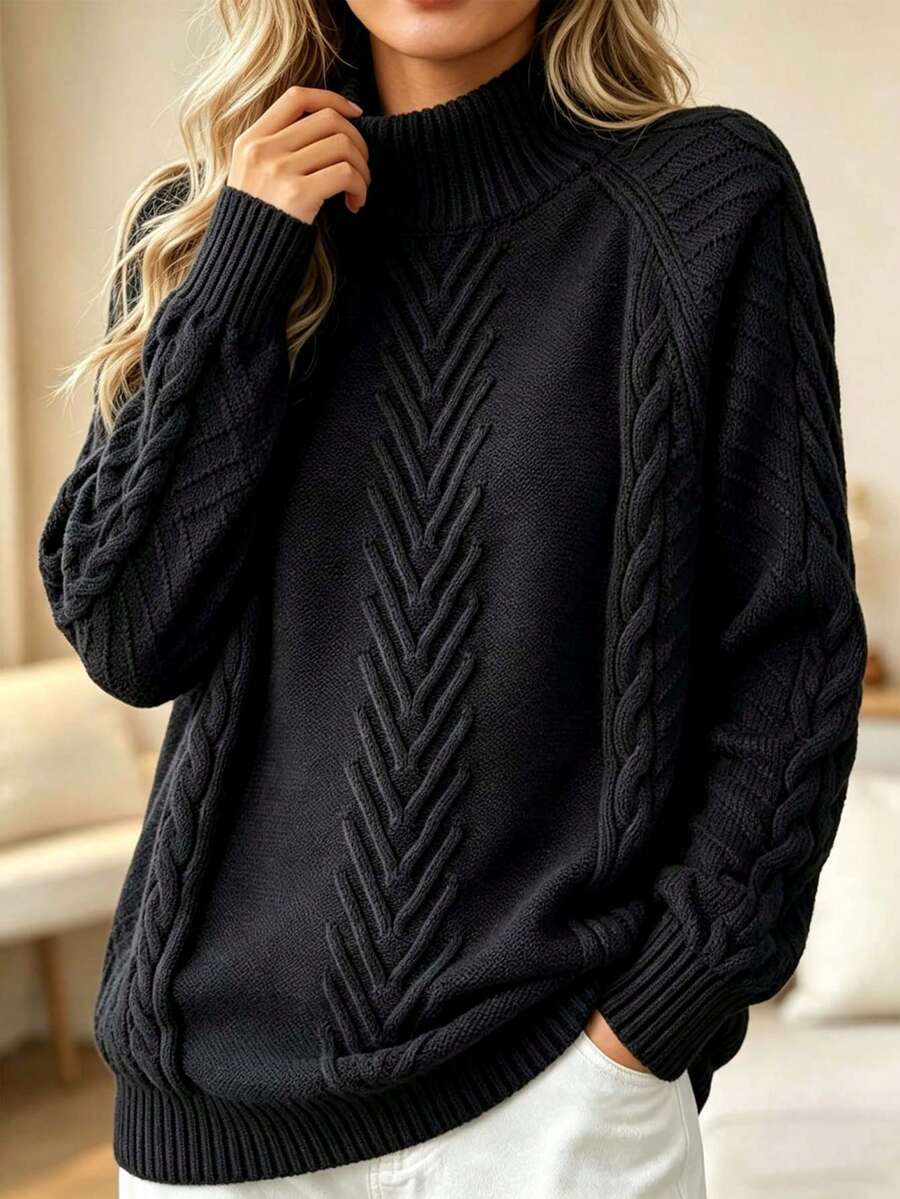 Plus Size Crew Neck Casual Solid Color Long Sleeve Knit Sweater Black - Black - View 1