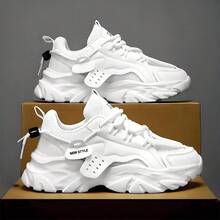 Men's Thick Sole Height Increasing Mesh Chunky Sneakers Round Toe Low-Top Lace-Up Sneakers Casual White Shoes Breathable All-Season Running Shoes - White - View 12