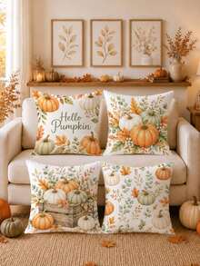 Autumn Watercolor Pumpkin & Floral Cushion Covers 4pcs Set, Single-Sided Printed Peach Skin Velvet Polyester Material, 45*45CM Throw Pillow Covers For Modern Fabric Sofa Indoor Decor, Party Decoration, Gift Giving - Multicolor - View 1