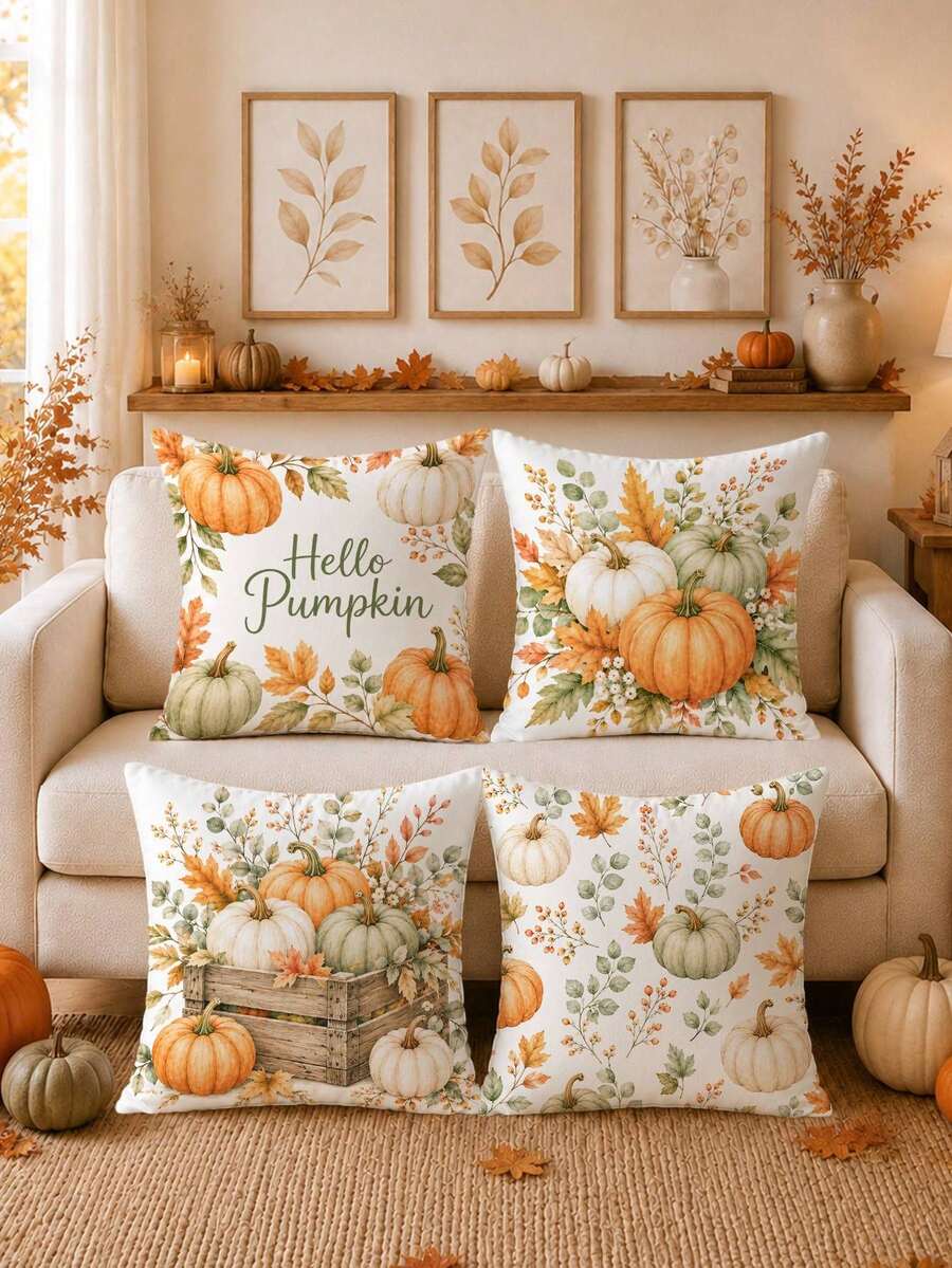 Autumn Watercolor Pumpkin & Floral Cushion Covers 4pcs Set, Single-Sided Printed Peach Skin Velvet Polyester Material, 45*45CM Throw Pillow Covers For Modern Fabric Sofa Indoor Decor, Party Decoration, Gift Giving - Multicolor - View 1