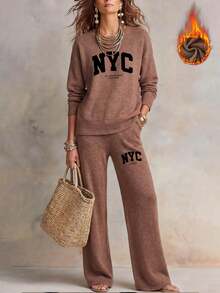 NYC Letter Print Women's Faux Knitted Knit Long Sleeve Top And Pants Set, Casual Two Pieces Outfit, Patterned Top, Mexican Brown Elegant - Brown - View 7