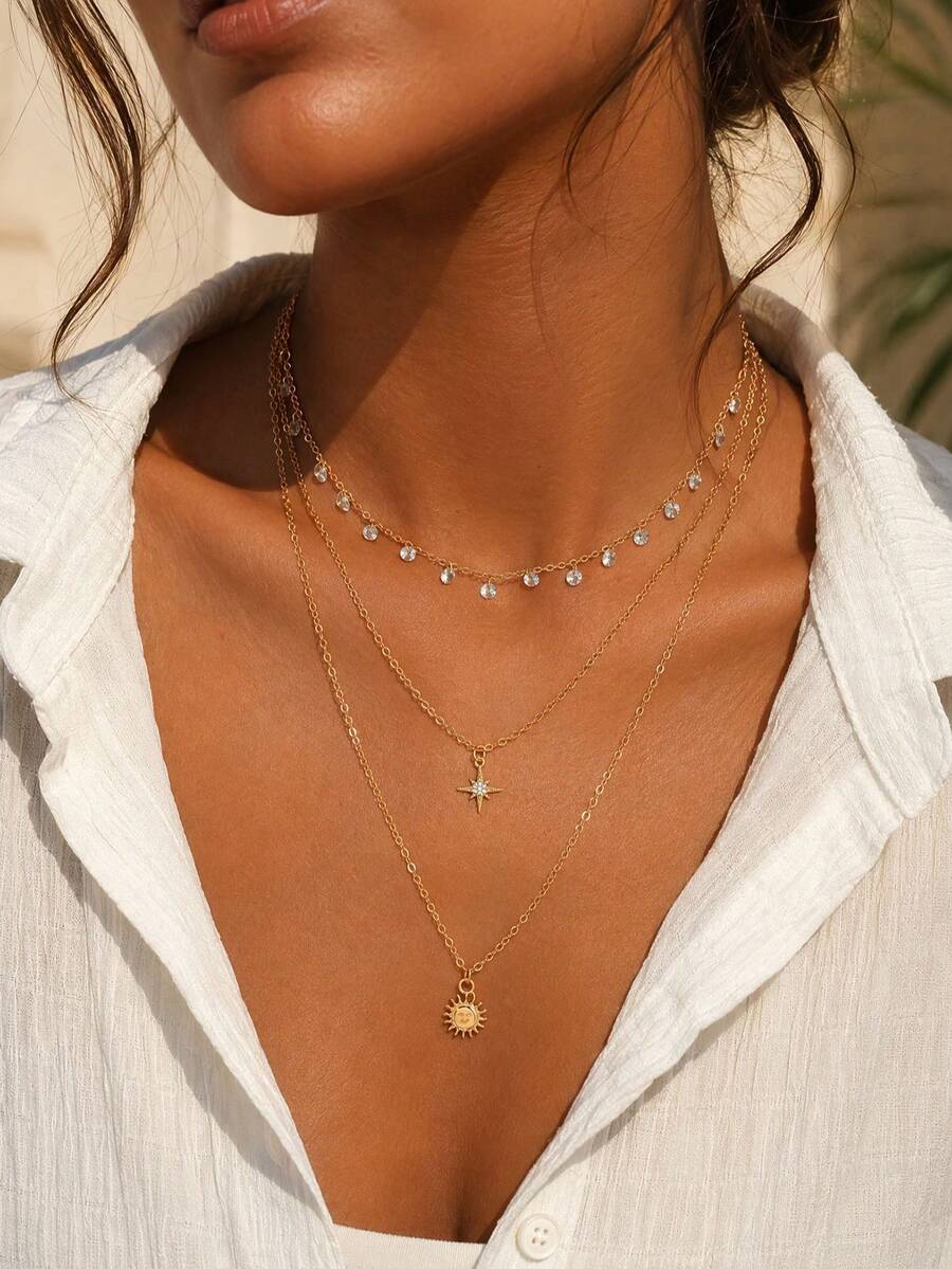 3pcs/Set Minimalist Elegant Rhinestone Tassel Eight-Pointed Star & Sun Pendant Necklace Set, Classic Women's Neck Jewelry For Daily Wear, Dates And Parties, Rhinestone Chain Cut By Length With Random Bead Count - Multicolor - View 1