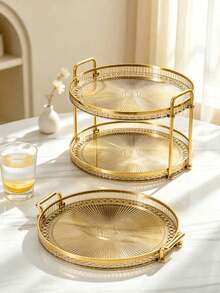 Plate And Cutlery Storage Tray Set With Handle, Gold Transparent Kitchen Accessories, Suitable For Camping Kitchen, Bedroom, Wedding Home Decor, Christmas, Halloween, Autumn Home Decor, Kitchen Storage Organizer Rack - Gold - View 1