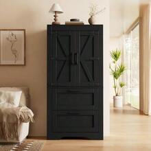 Rustic Kitchen Cabinet With 2 Drawers And Adjustable Shelves, Side Cabinet With Barn Door Design - 黑色 - 查看 4