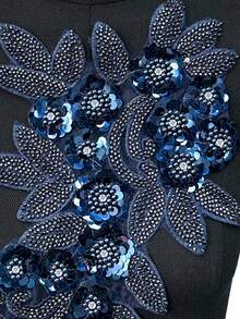 BNH1463 熱銷珠飾與水鑽貼花蕾絲飾邊布料，DIY手工服飾與家居紡織配件，新款3D花卉亮片設計，寬度：21cm - 藏青 - 查看 6