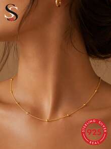 1 buah Kalung Perak Sterling 925, Gaya Minimalis, Cocok untuk Pemakaian Sehari-hari Wanita, Perhiasan yang Indah - Emas - View 2