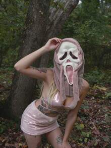 1PC Pink Sequin Scream Mask, Suitable For Halloween And Role-Playing. Made Of High-Quality Latex Material.Cos - Multicolor - View 2