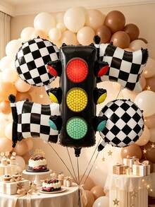 5pcs Signal Light & Black And White Checkered Ball Flag Foil Balloons, Racing Theme Party Decoration Props - View 1