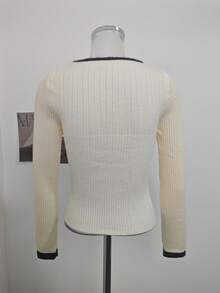 Korean Style Casual Vintage Design Slim Fit Flattering Long Sleeve Round Neck Color Block Knit Sweater Inner Layer Top For Women Autumn/Winter Fall - Apricot - View 10