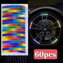 60pcs Rainbow Reflective Wheel Stickers - Waterproof Durable PE Stickers, Self-Adhesive Matte Texture Car.Motorcycle.Bicycle Night Visibility Enhancement Decorative Stickers Car, Bicycle, Motorcycle Reflective Stickers And Cool Night Riding - Multicolor - View 2