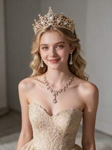 4pcs Elegant Rhinestone Queen Crown Necklace Earrings Set, Bridal Wedding Crown Hair Accessories, Women Party Occasion Jewelry Decoration - HG057-TL150 - 查看 3