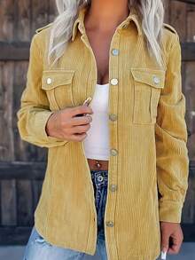1 buah Jaket Lengan Panjang Kasual Berbahan Kain Tenun Warna Polos dengan Kancing Logam untuk Wanita, Cocok untuk Liburan, Perjalanan Sehari-hari, Pesta Teh, Musim Semi dan Gugur, Warna Kuning - Kuning - View 1