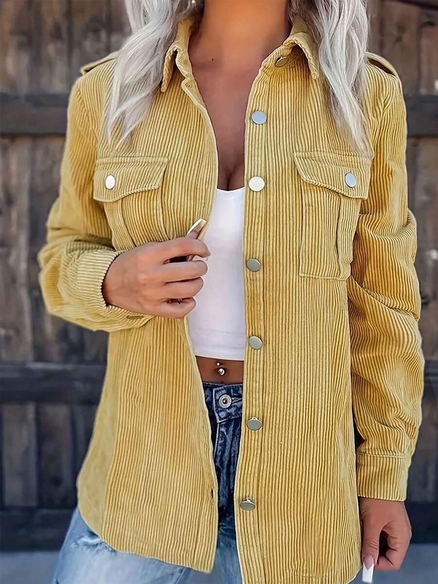 1 buah Jaket Lengan Panjang Kasual Berbahan Kain Tenun Warna Polos dengan Kancing Logam untuk Wanita, Cocok untuk Liburan, Perjalanan Sehari-hari, Pesta Teh, Musim Semi dan Gugur, Warna Kuning - Kuning - View 1