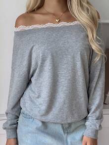 SCARLUX Fall Winter Y2K Women Basic Grey Off Shoulder Long Sleeve Top, Lace Trim Boat Neck Loose Pullover For Homecoming Daily Outfits - Gray - View 9