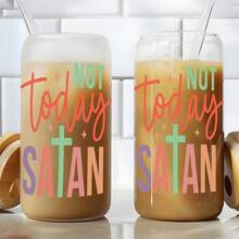 16盎司 Not Today Satan 十字文字圖案玻璃杯，信徒信仰主題冰咖啡吸管杯 - 彩色 - 查看 3