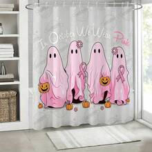 1pc Light Pink Ghost Halloween Shower Curtain - Suitable For Bathroom Decor, Bathroom Curtain - Easy To Clean, Exquisite Home Decor, Bathroom Partition Curtain, Decorative Shower Curtain, Bathroom Accessories Home Decor Gift - Includes 12 Hooks - Multicolor - View 8