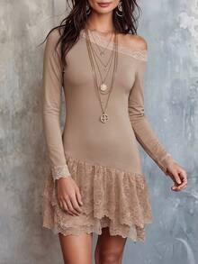 Women's Crisp Style Grey-Brown Autumn Short Dress, Cold Shoulder Neckline, Scalloped Lace Cuffs, Ruffled Lace Layered Hem, Fitted Dress Suitable For Downtown Gatherings - Brown - View 3