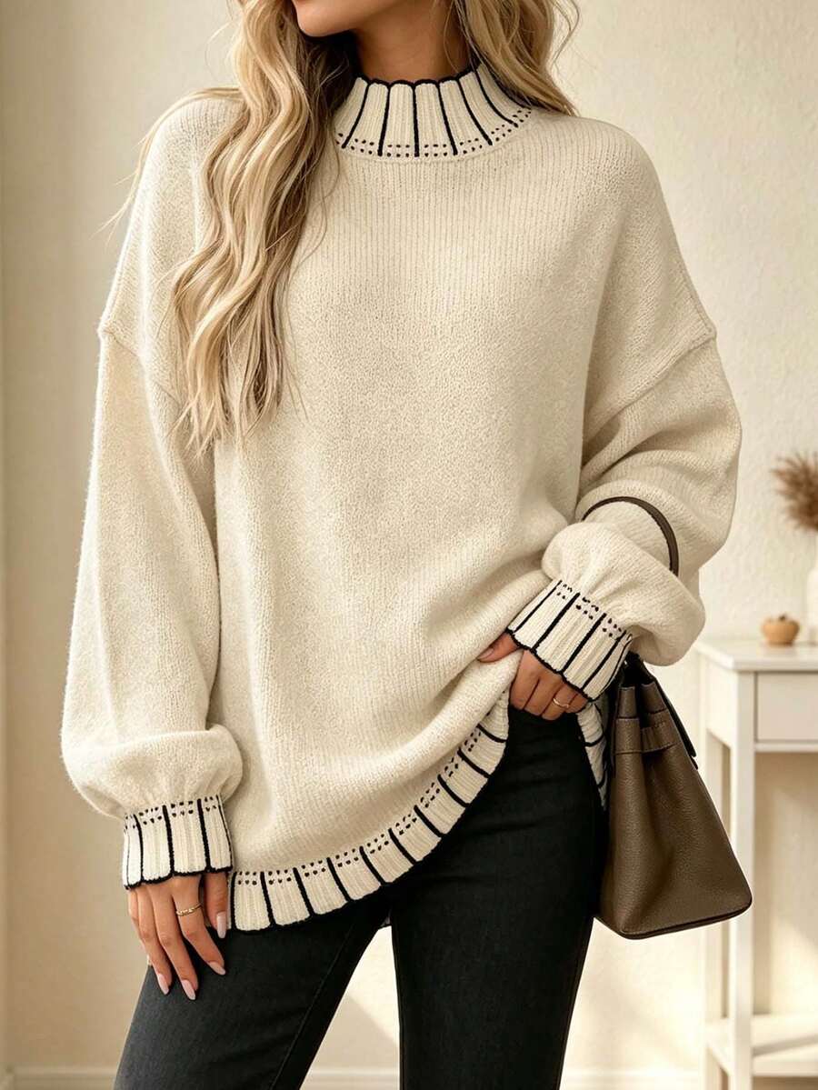 Sweater Pullover Rajut Kasual Ukuran Besar dengan Kerah Bulat dan Garis-Garis Warna Kontras, Warna Putih untuk Musim Gugur - Putih - View 1