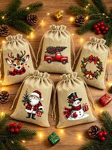 5pcs/1pc Christmas Linen Drawstring Gift Bags – Suitable For Christmas Parties, Christmas Tree Decorations, Themed Parties, Thanksgiving, New Year, Christmas Party Favors, Holiday Parties, And Festive Scene Decorations. - One Size Fits All - View 7