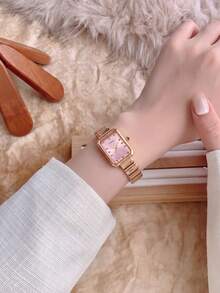 JUSMI Fashionable Pink Rectangular Watch With Gold Chain Strap, Crystal Dial, Ideal Gift For Girlfriend Graduation, Wedding, Anniversary - Pink - View 4