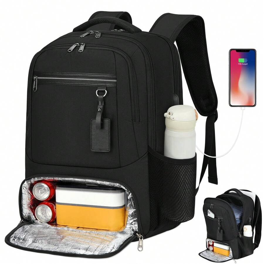 17.3 Inch Laptop Lunch Backpack With USB Charging Port, Waterproof Travel Backpack, Unisex, Carry-On, Insulated Cooler Bag, Student School Bag, Portable Laptop Backpack