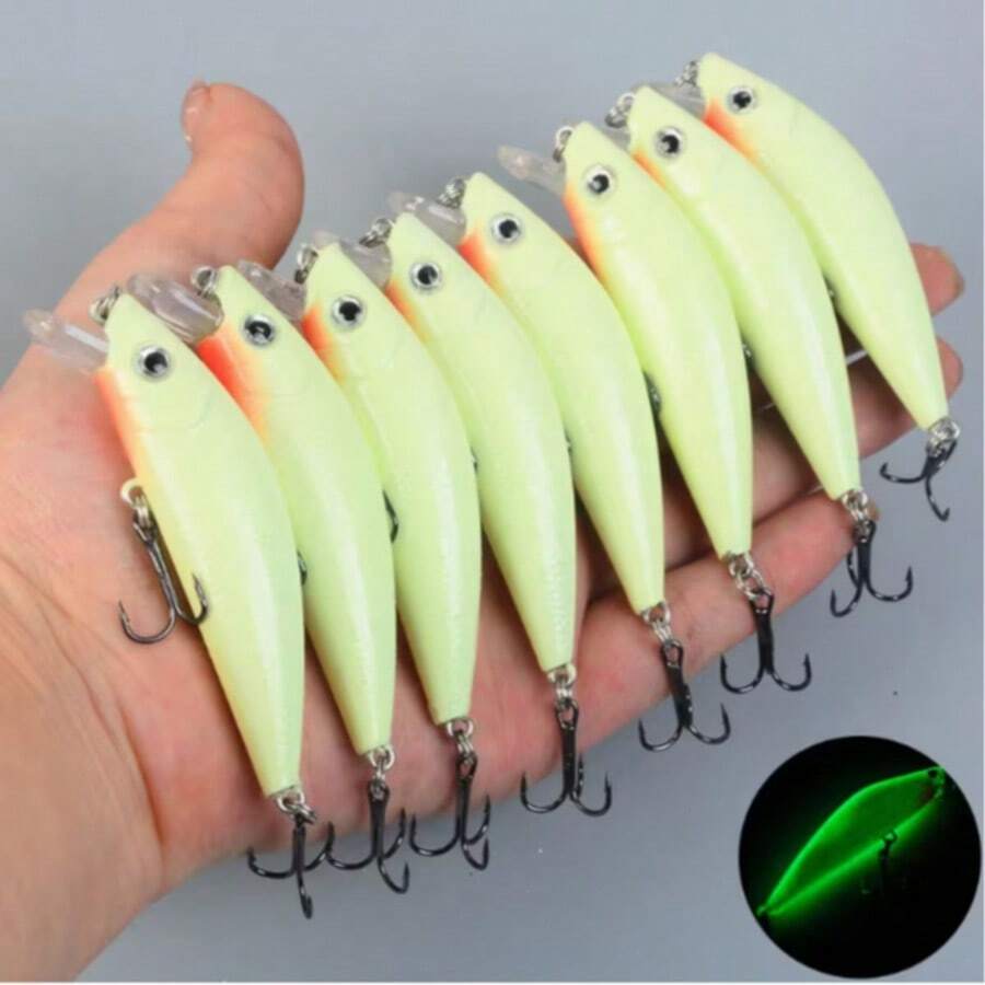 1pc Glow-In-The-Dark Minnow Lure, Suitable For Night Fishing, Glows In The Dark, With Triple Hook, Suitable For Bass, Trout, Catfish And Other Freshwater And Saltwater Fish. - White - View 1
