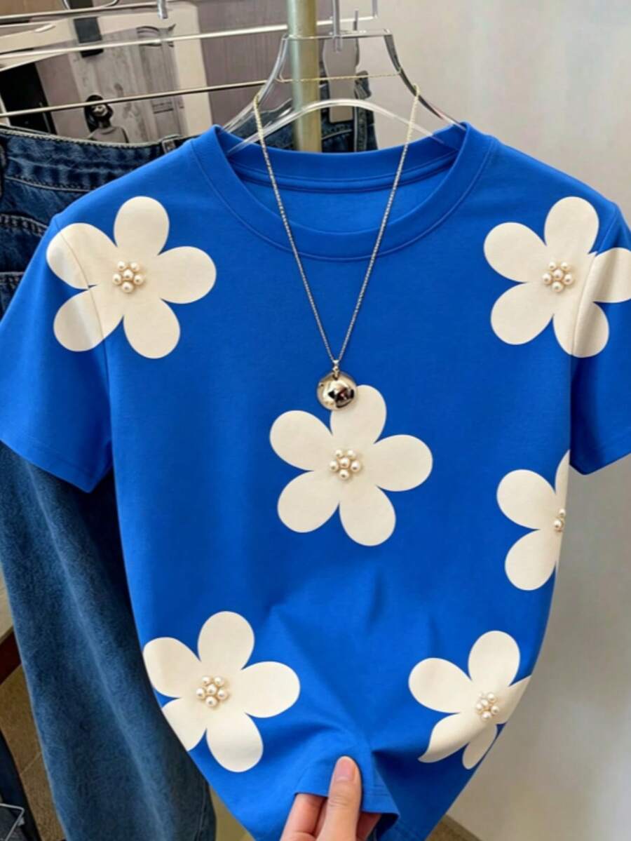 Camiseta casual de mujer con estampado floral todo sobre, patrón de flores lindo estilo Y2K, moda callejera, vuelta al colegio, camiseta floral de ocio-Vintage Street Style Unisexoose Cotton - Azul - Ver 1