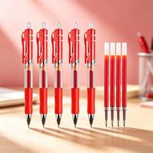 Set 9 buah berisi 5 pulpen gel merah yang dapat ditarik + 4 isi ulang merah, ujung peluru 0,5 mm, pulpen tanda tangan dengan tulisan halus, tahan aus, kapasitas besar, berbahan dasar air, alat tulis kantor dan pelajar. - 5 pulpen tombol tekan merah + 4 isi ulang pulpen - View 8
