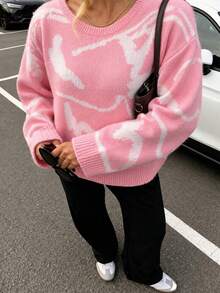 Women's Autumn Pink Abstract White Pattern Crew Neck Knit Sweater, Drop Shoulder Long Sleeve Loose Knit Top, Fall Vacation - Pink - View 5