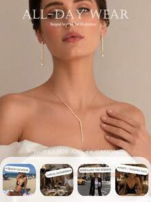 3pcs Tennis Round Diamond Y-Shaped Dangle Jewelry Set, Linear Crystal Lariat Pendant Necklace With Straight Long Dangle Earrings, Women's Minimalist Bridal Wedding Evening Party Sparkling Accessories - Rhinestone - View 4